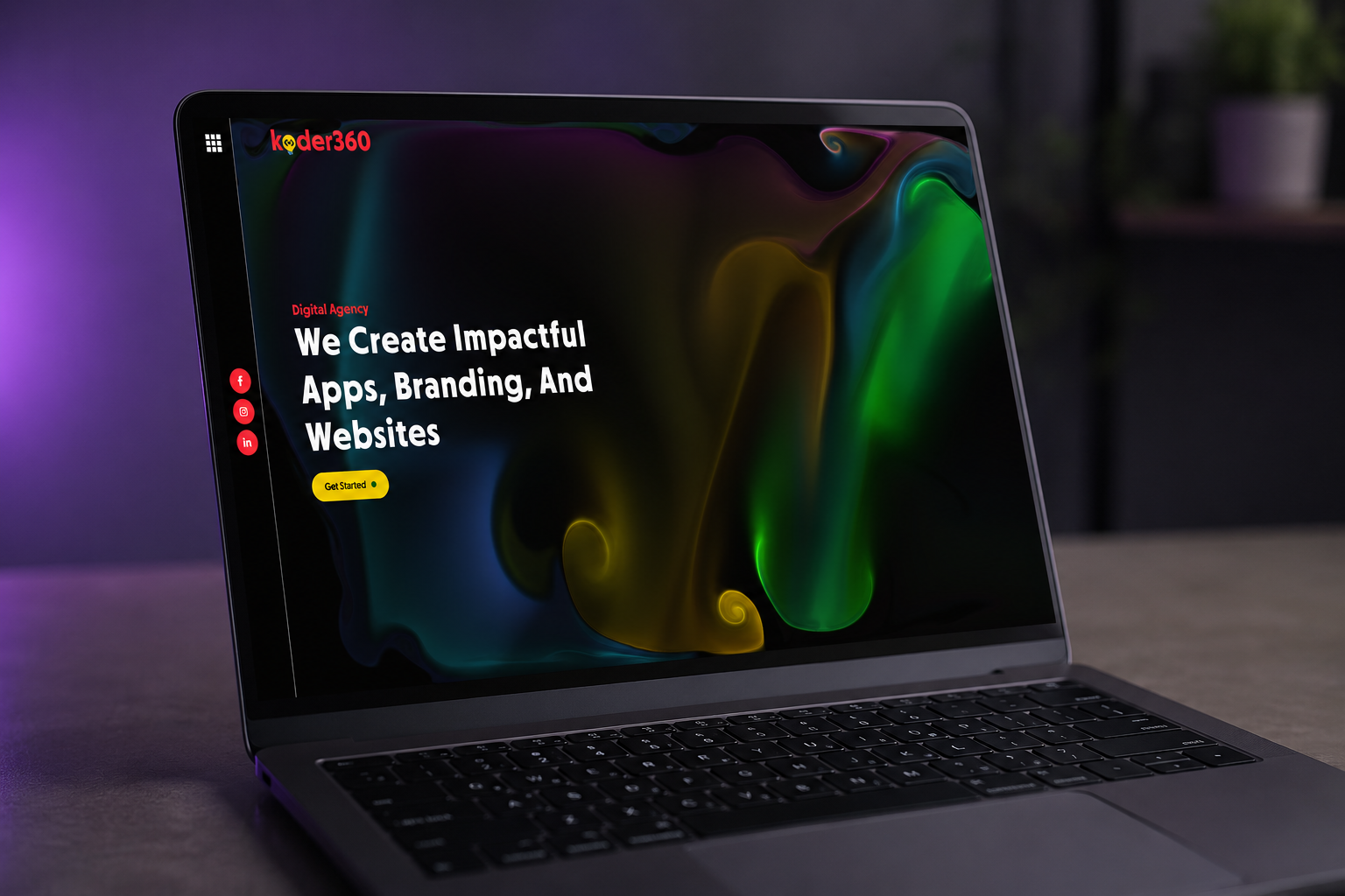 Koder360 hero section detail showing the aurora gradient and headline