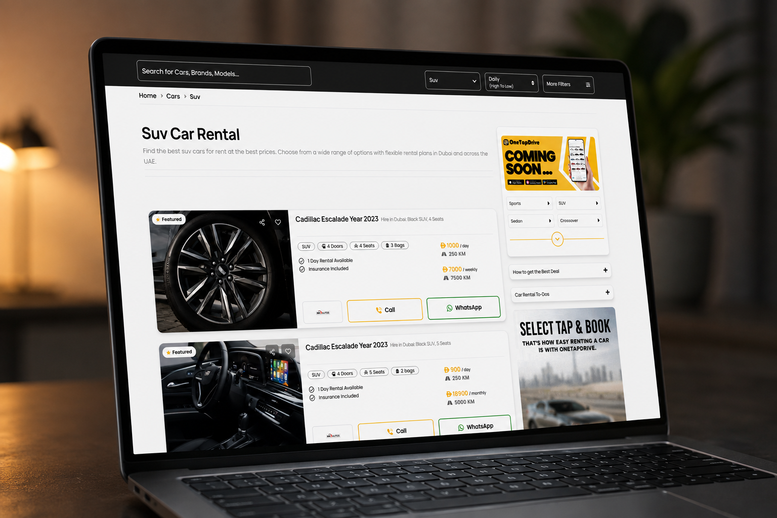 OnetapDrive fleet category filters for Sports, SUV, and Sedan