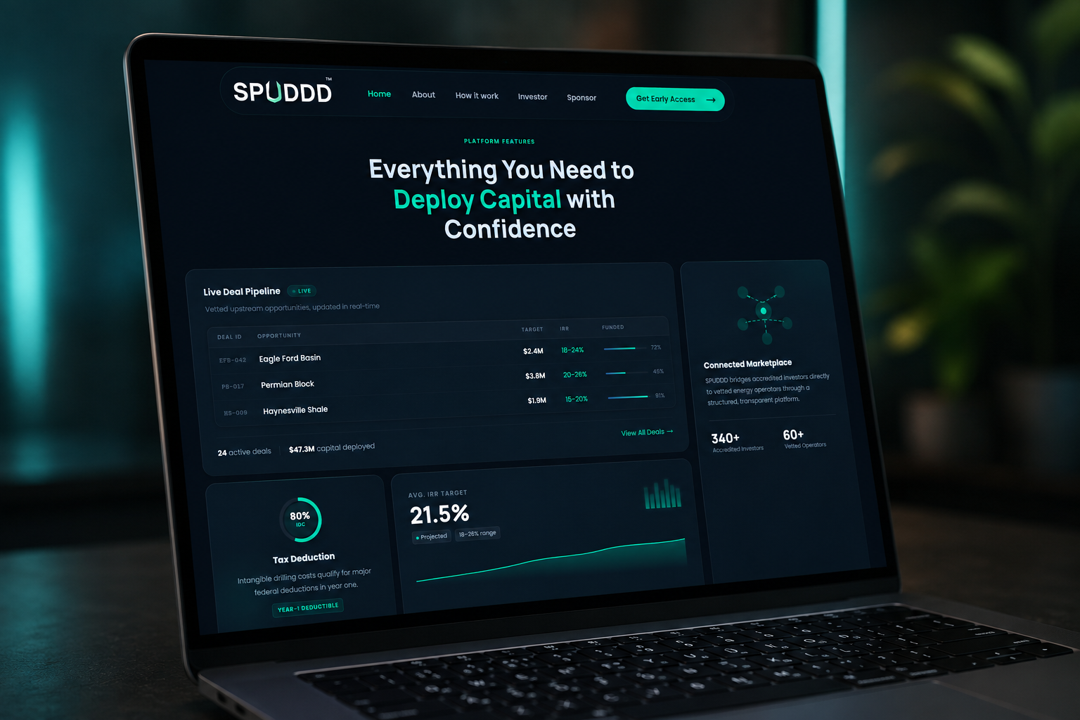SPUDDD hero section detail with investor and sponsor call-to-action buttons